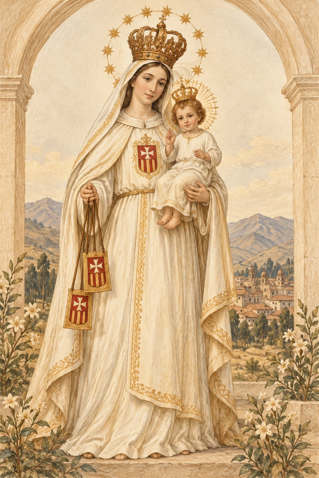 Ilustración de la Virgen de las Mercedes con el Niño Jesús, en tonos marfil y oro suave.